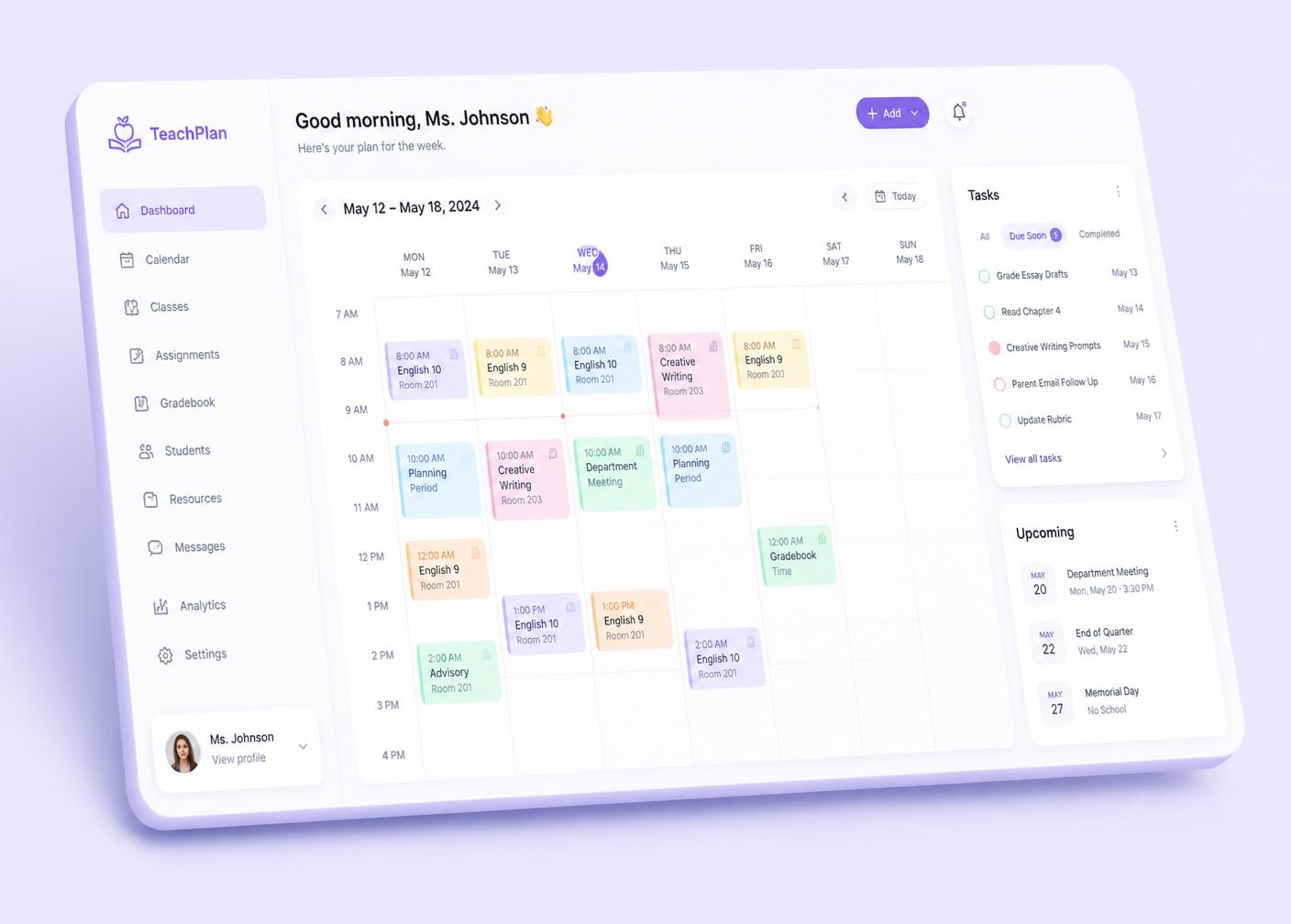 TeachMate dashboard showing a weekly class calendar, task list and upcoming events